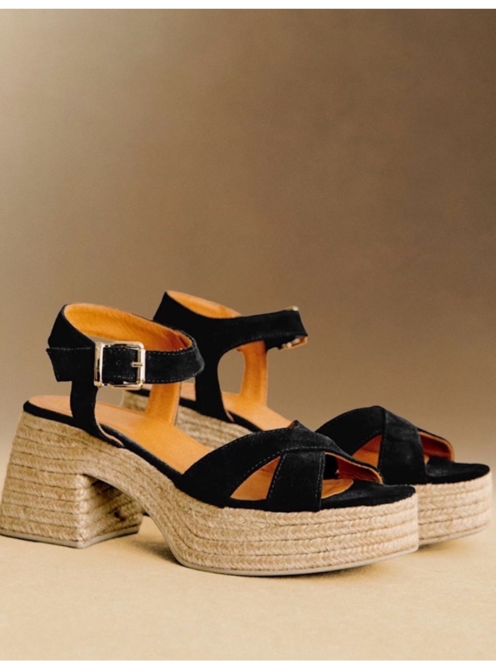 Sezane Black Suede Espadrille Platform Sandals